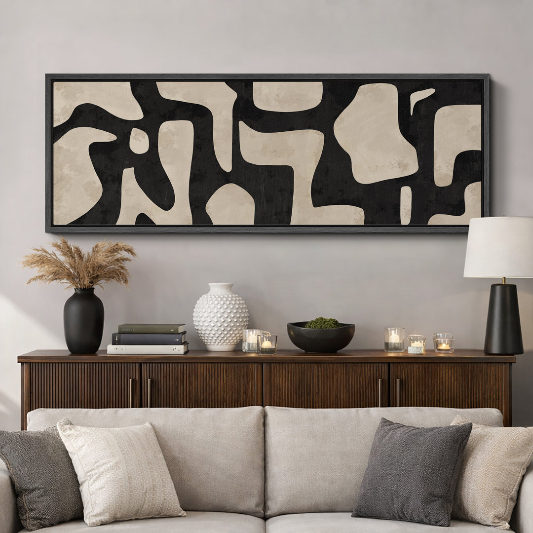 Mid Century Shape Abstract Contours, Black And White Beige Artwork, Retro Bedroom Home Decor, Extra Large Framed Canvas Print Wall Art
